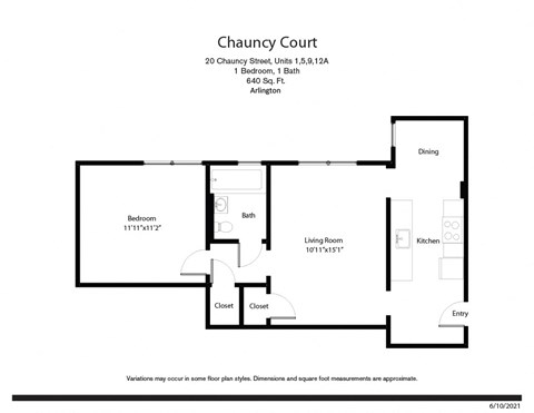 Floor plan for 1 bed, 1 bath, 743 sqft